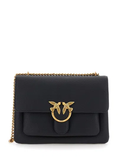 Pinko 'love One' Black Shoulder Bag With Love Birds Diamond Cut Logo On The Front In Hammered Leather Woma