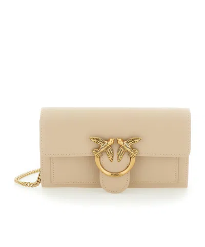 Pinko Love One Wallet Beige Crossbody Bag With Love Birds Detail In Smooth Leather Woman
