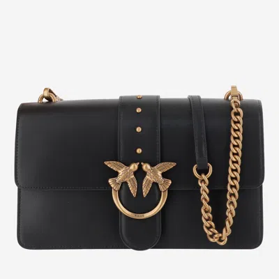 Pinko Love One Classic Black Crossbody Bag With Studded Strap And Love Birds Diamond Cut Plaque On The Fro