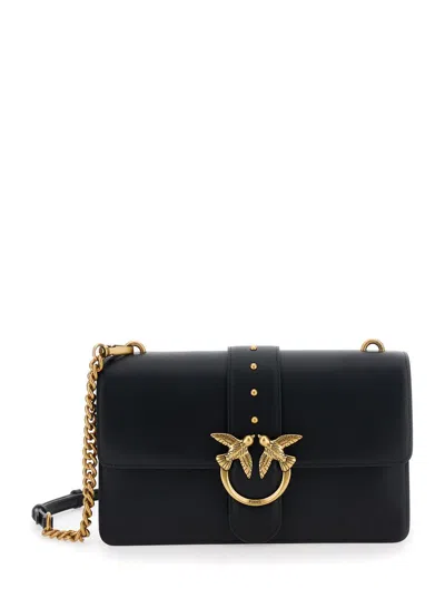 PINKO 'LOVE ONE CLASSIC' BLACK CROSSBODY BAG WITH STUDDED STRAP AND LOVE BIRDS DIAMOND CUT PLAQUE ON THE F