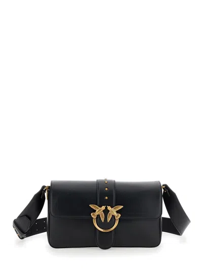 PINKO 'LOVE ONE CLASSIC' BLACK HANDBAG WITH LOVE BIRDS METALLIC PLAQUE ON THE FRONT