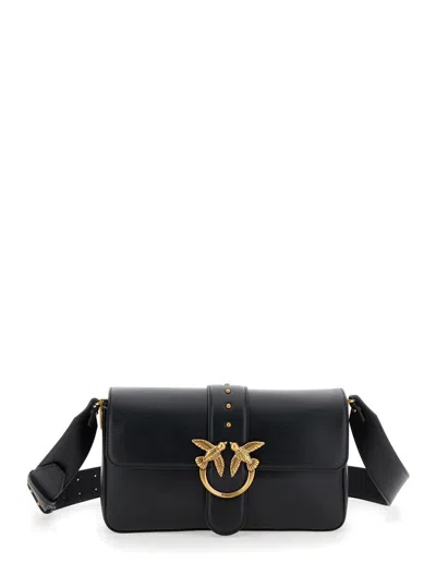 Pinko 'love One Classic' Black Handbag With Love Birds Metallic Plaque On The Front In Leather Woman