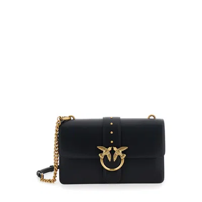 Pinko Love One Classic Black Crossbody Bag With Studded Strap And Love Birds Diamond Cut Plaque On The Fro