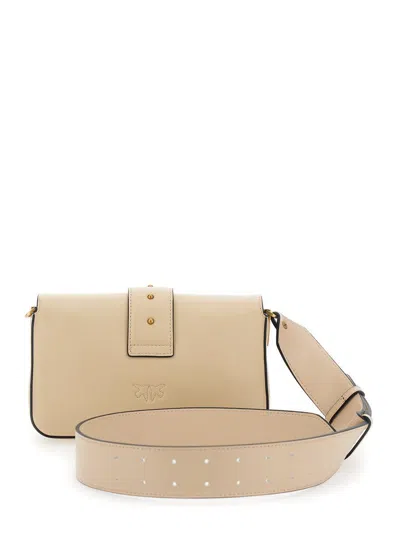 Pinko 'love One Mini' Beige Handbag With Love Birds Metallic Plaque On The Front