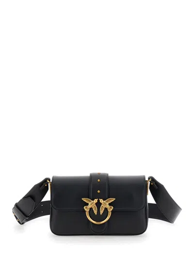 Pinko 'love One Mini' Black Handbag With Love Birds Metallic Plaque On The Front In Leather Woman