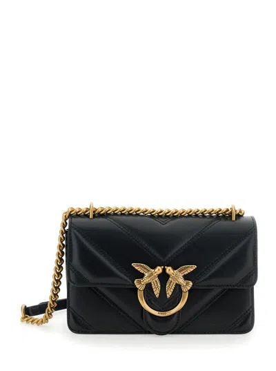 Pinko 'love One Mini Light' Black Crossbody Bag With Love Birds Diamond Cut Buckle On The Front