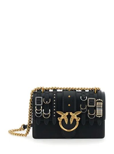 Pinko 'love One Mini Light' Black Crossbody Bag With Love Birds Diamond Cut Buckle On The Front And Straps