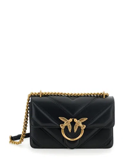 Pinko 'love One Mini Light' Black Crossbody Bag With Love Birds Diamond Cut Buckle On The Front In Quilted
