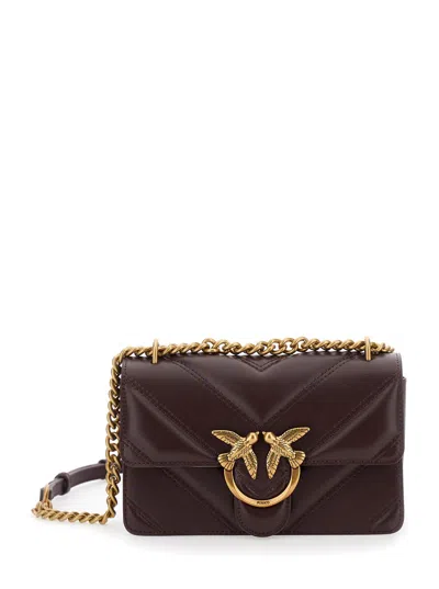 Pinko Love One Mini Light Bordeaux Crossbody Bag With Love Birds Diamond Cut Buckle On The Front In Quilte