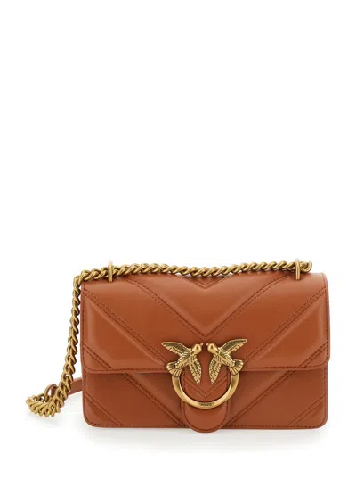 Pinko 'love One Mini Light' Brown Crossbody Bag With Love Birds Diamond Cut Buckle On The Front In Quilted