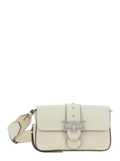 Pinko Love One Mini White Crossbody Bag With Love Birds Buckle And Adjustable Shoulder Strap In Leather Wo