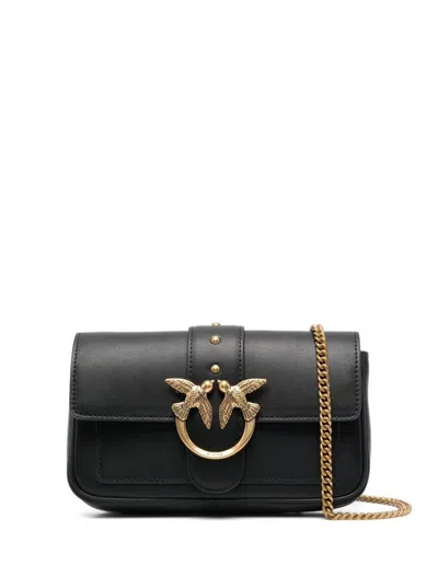 Pinko Love One Pocket Black Shoulder Bag With Logo Patch In Smooth Leather Woman