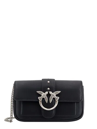 Pinko Love One Pocket Leather Shoulder Bag With Love Birds Buckle In Black