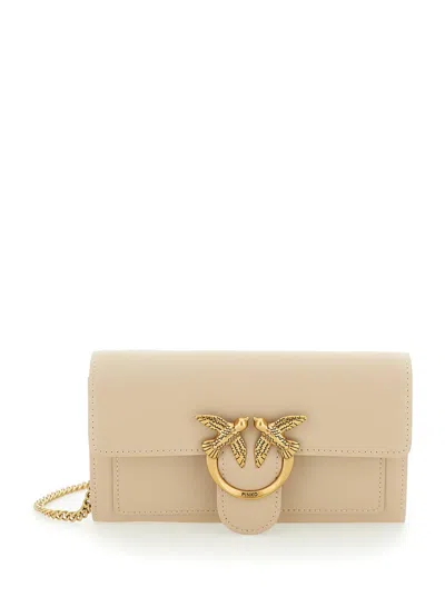 Pinko Love One Wallet Beige Crossbody Bag With Love Birds Detail In Smooth Leather Woman In Sand