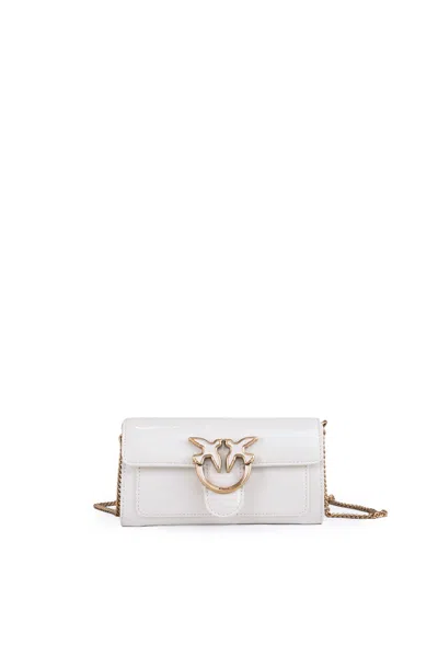 Pinko Love One Wallet Wallet With Shoulder Strap In Bianco Seta-antique Gold