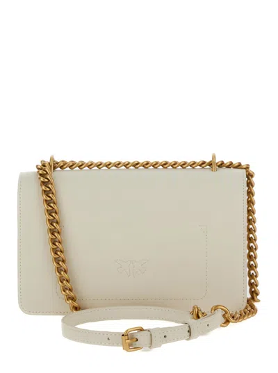 Pinko Love One White Mini Bag With Chain-link Shoulder Strap And Love Birds Diamond Cut Plaque In Leather 