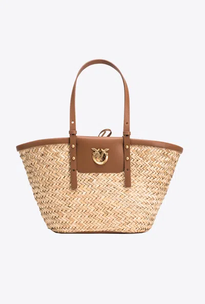 Pinko Love Summer Bucket Bag In Raffia In Natural/tan-antique Gold