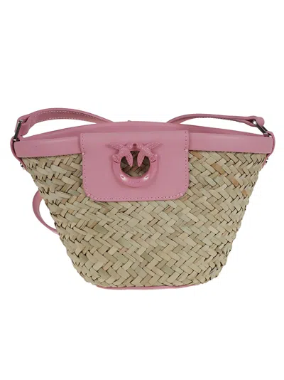 Pinko Love Summer Bucket Bag In Raffia In Pink