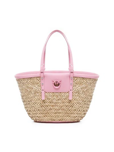 Pinko Love Summer Logo Detailed Tote Bag In Naturale/rosa