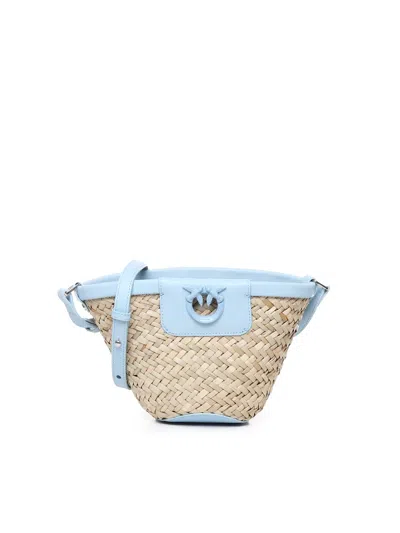 Pinko Love Summer Raffia Bucket Bag In Natural, Light Blue