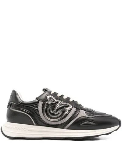 PINKO LOW-PROFILE BLACK LEATHER SNEAKERS WITH TEXTURED PANELS