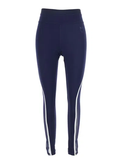 PINKO 'LUNA PIENA' BLUE PANTS WITH LOVE BIRDS DIAMOND CUT EMBROIDERY ON THE FRONT AND SIDE STRIPED DETAIL 