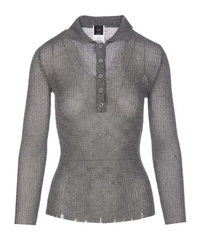 Pinko Collared Crewneck With Distressed Profiles And Glitter Effect In Grey