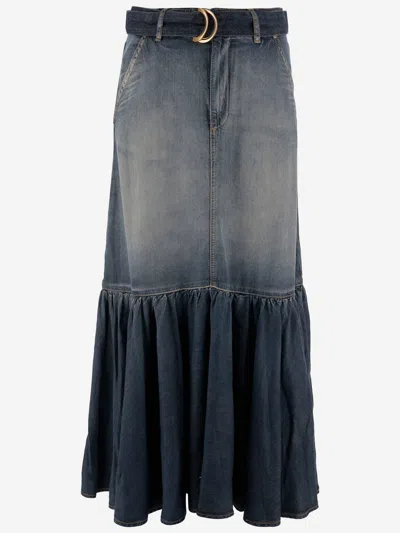 Pinko Lyocell And Cotton Skirt With Belt In Blue