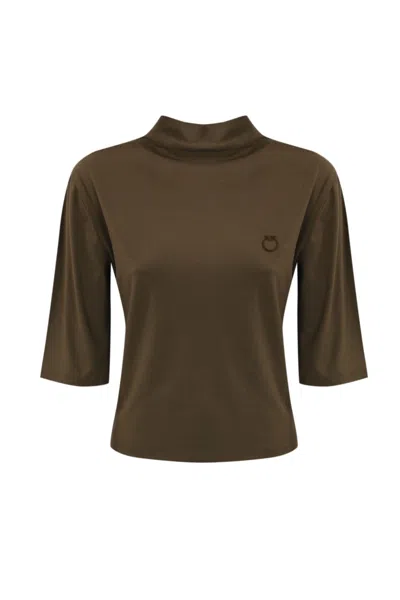 Pinko Macchina Sweater In Viscose With Logo Embroidery In Brown
