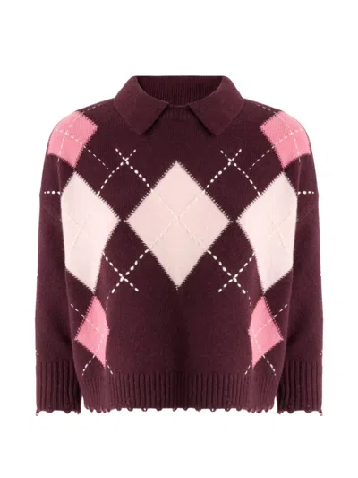 PINKO Maglia corta in lana Cork bordeaux a rombi rosa PINKO