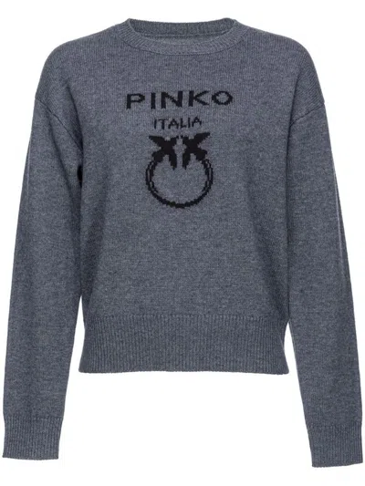 Pinko 'burgos' Grey Crewneck Sweater With Logo On The Front In Wool Woman