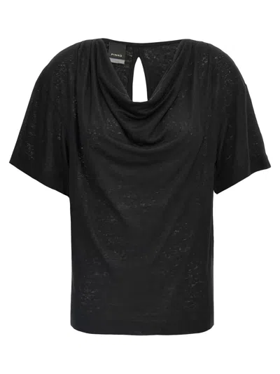 Pinko Draped Neck Sheer Fabric T-shirt In Black
