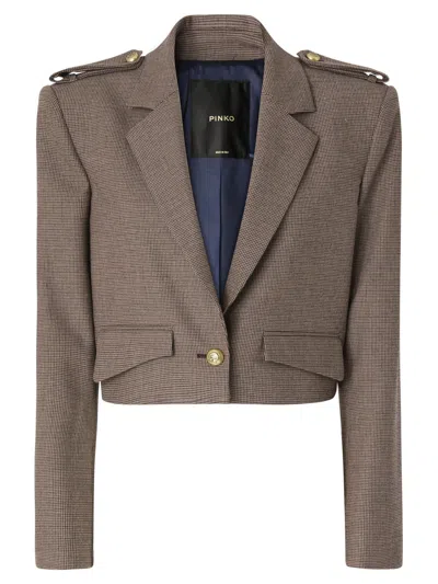 Pinko Cropped Brown Checkered Blazer With Structured Silhouette In Gray