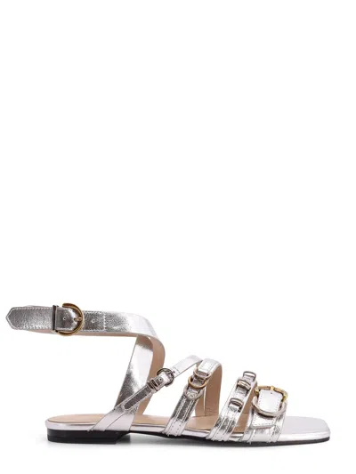 Pinko Marli Laminated Leather Flat Sandals In Silver