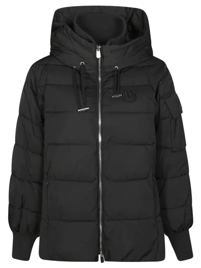 PINKO MATTE-FINISH BLACK CAPE WITH HOOD AND FLOWING SILHOUETTE