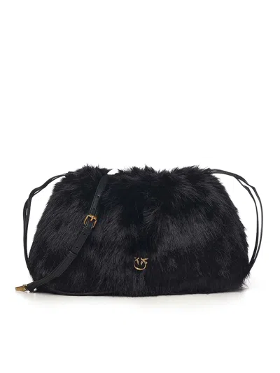 Pinko Maxi Faux Fur Clutch With Logo In Black