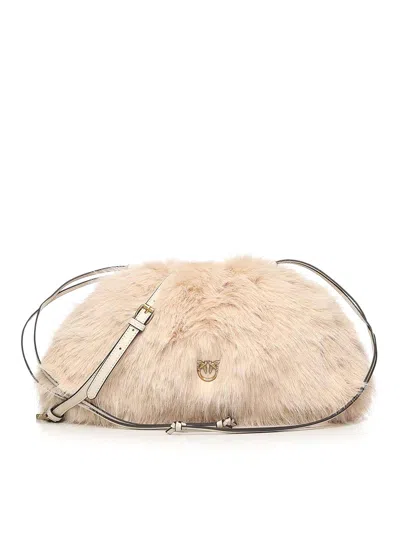 Pinko Maxi Faux Fur Clutch With Logo In Sand