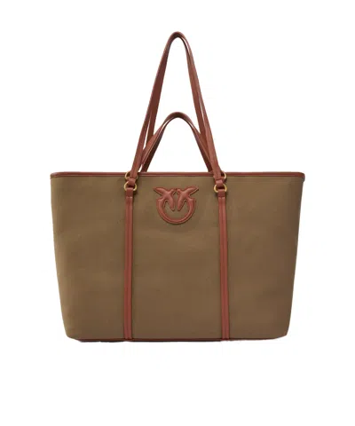 Pinko Maxi Shopper Bag In Recycled Canvas With Two Sets Of Handles In Green