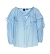 Pinko Solid Color Cotton And Silk Bones Blouse With Ruffles In Light Blue