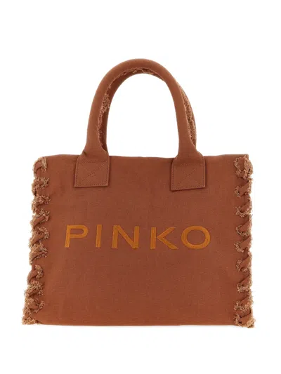 Pinko Medium Beach Frayed Logo-embroidered Tote Bag In Brown