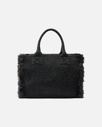 PINKO - MEDIUM BEACH SHOPPING TOTE IN RAFFIA WITH LOGO AND TASSELS