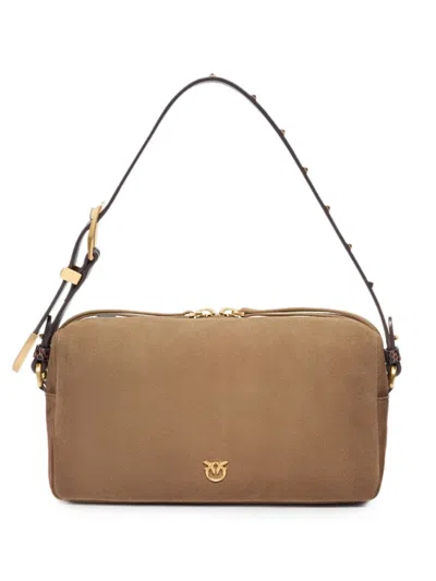 Pinko Medium Crossbody Boston Bag In Spray-effect Suede In Brown
