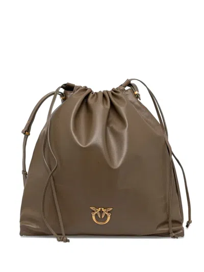 Pinko Medium Drawstring Leather Shoulder Bag In Brown