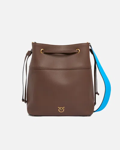 Pinko Medium Full-grain Leather Bucket Bag With Love Birds Logo In Brown