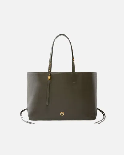 Pinko - Medium Leather Shopper Bag With Metal Details In Green