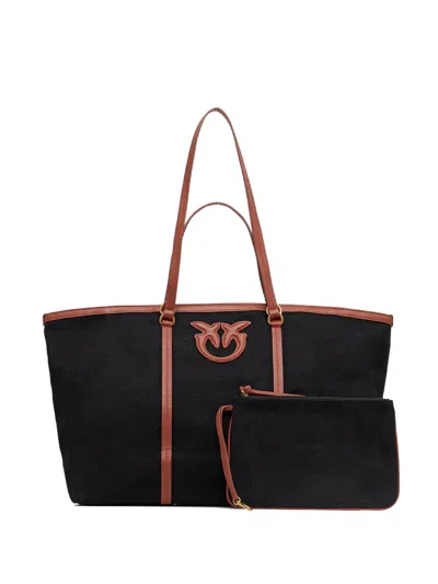 Pinko Medium Logo-patch Leather-trimmed Tote Bag In Black