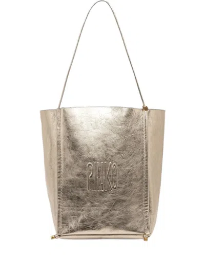 Pinko Medium Metallic-effect Leather Tote Bag In Gold