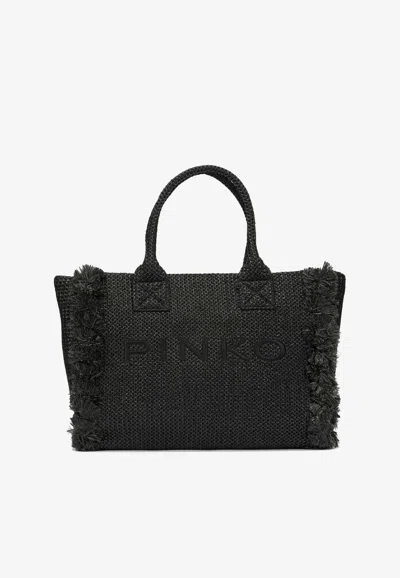 Pinko Medium Raffia Tote Bag In Black