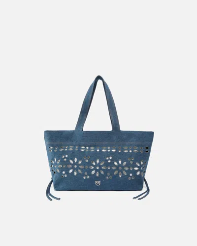 Pinko - Medium Shopper Bag In Denim With Broderie Anglaise