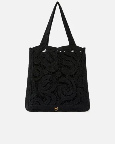 Pinko - Medium Shopper Bag In Geometric Crocheted Fabric In Black